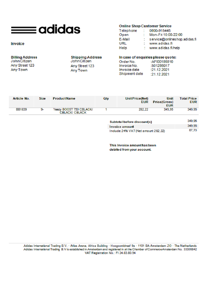 USA Adidas invoice PSD template